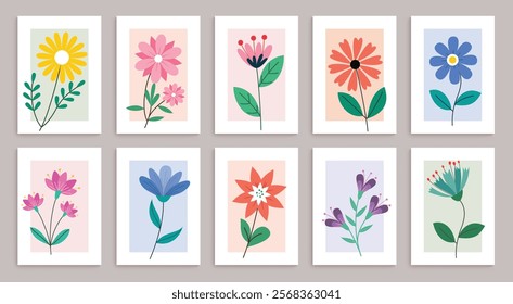 Flower floral frame clipart poster set. Spring flowers drawing clip art collection like daffodil, chamomile, daisy, narcissus and crocus flat elements for home decoration wallpaper. Vector 