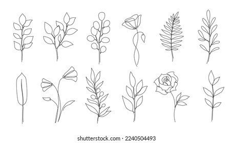 Flower, floral leaf one line art. One continuous line art leaf, flower minimal design. Editable stroke eucalyptus branch, rose, poppy foliage floral element. Isolated vector illustration