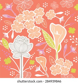 Flower or Floral and leaf pattern seamless fabric vector pastel color scheme on old rose color background