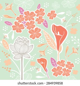 Flower or Floral and leaf pattern seamless fabric vector pastel color scheme on pastel green color background