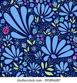 Flower floral pattern warm summer night, flowers, leaves, stones, bugs, hand-drawn vector.
