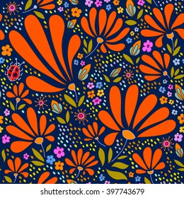 Patrón floral de flores cálida noche de verano, flores, hojas, piedras, insectos, Vector dibujado a mano.