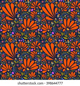 Flower floral pattern warm summer night, flowers, leaves, stones, bugs, hand drawn vector.