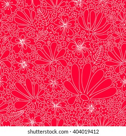 Flower floral pattern warm summer evening, flowers, leaves, stones and ladybug, hand-drawn red and white graphics, vector.