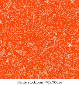 Flower floral pattern warm summer evening, flowers, leaves, stones and ladybug, hand-drawn orange and white graphics, vector.