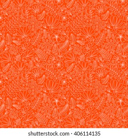 Flower floral pattern warm summer evening, flowers, leaves, stones and ladybug, hand-drawn orange and white graphics, vector.