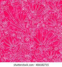 Flower floral pattern warm summer evening, flowers, leaves, stones and ladybug, hand-drawn red and white graphics, vector.