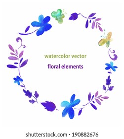 flower floral round frame with leaves and butterflies - vector in watercolor style