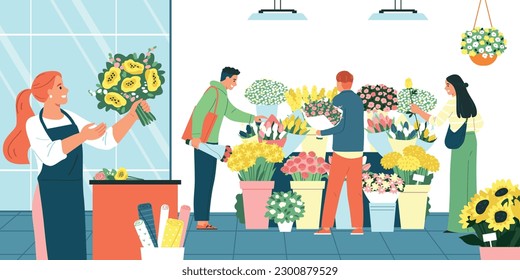 Flower and florist shop background with bunch and bloom symbols flat vector illustration