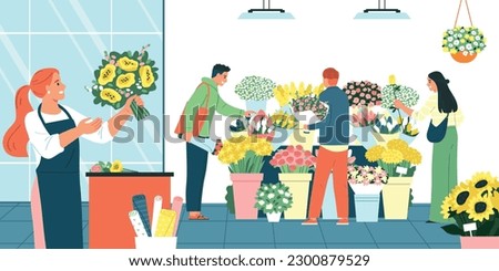 Flower and florist shop background with bunch and bloom symbols flat vector illustration