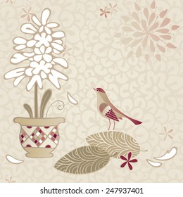 Flower in a flowerpot and bird. Vector illustration. Seamless background or greeting card with white hyacinth. 