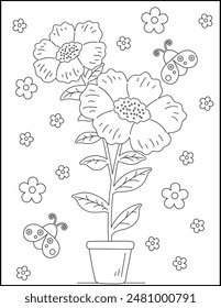 Blume in einem Blumentopf. Farbseite, Vektorillustration. Blumenmärchenbuch