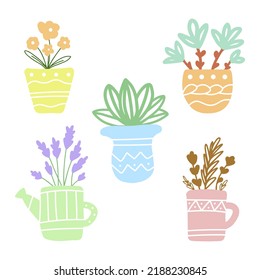 Flor en flowerpot aislado conjunto de iconos. Simple ilustración botánica del vector dibujado a mano de doodle. Hermosa planta.