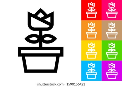 Flower and Flowerpot. Line Icon With Different Color Background.
