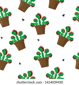 Flower Fly Pattern. Seamless pattern with plant predators such as Venus flycatcher