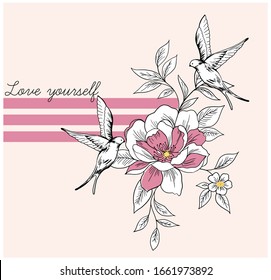 Flower with flying bird illustration. Vector graphics for t-shirt print and other uses.