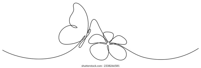 Flower with flying butterfly continuous line art drawing. Plumeria one line symbol. Vector illustration isolated on white.