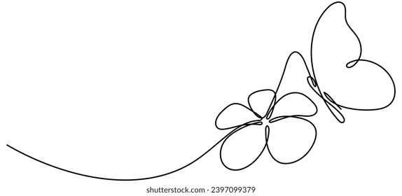 Flor con dibujo de línea continua de mariposa voladora. Símbolo de una línea de Plumeria. Ilustración dibujada a mano por vectores aislados en blanco.