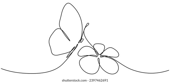 Flower with flying butterfly continuous line art drawing. Plumeria one line symbol. Vector hand drawn illustration isolated on white.