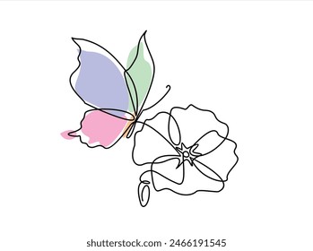 Flower with flying butterfly continuous line art drawing. Plumeria one line symbol. Vector hand drawn illustration isolated on white.