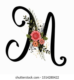 Flower Font Alphabet, letter M with  flowers and leaves hand drawn on paper. Flowers bouquet composition. Decoration for invites card and other concept ideas. Illustration alphabet