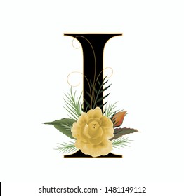 Flower Font Alphabet, letter I with watercolor flowers and leaves hand drawn on paper.  Flowers bouquet composition. Decoration for invites card and other concept ideas.   