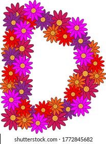 Flower font. The letter D. Many colored flower heads. Inflorescence. Bright petals. Purple, pink, red, orange. Romantic summer lettering