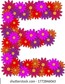 Flower font. The letter E. Many colored flower heads. Inflorescence. Bright petals. Purple, pink, red, orange. Romantic summer lettering