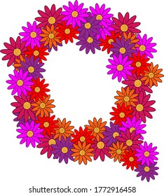 Flower font. The letter Q. Many colored flower heads. Inflorescence. Bright petals. Purple, pink, red, orange. Romantic summer lettering