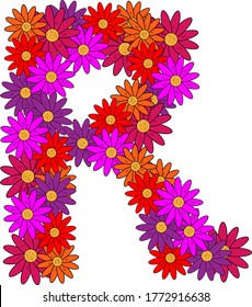 Flower font. The letter R. Many colored flower heads. Inflorescence. Bright petals. Purple, pink, red, orange. Romantic summer lettering