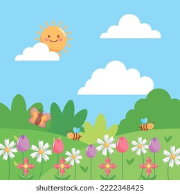 flower forest with bee and butterflies . vector illustration