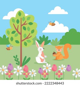flower forest with cute animals . vector illustration