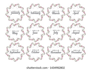 flower form with month names: December, January, February, March, April, May, June, July, August September October November Calligraphy words for calendar and organizer Vector illustration