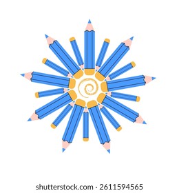 A flower formed by blue pencils   on a white background.