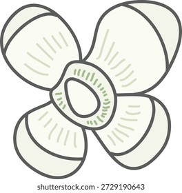 Flor com quatro pétalas arredondadas e contorno em negrito, detalhes do centro abstrato e sombreamento suave. Símbolo de crescimento, natureza, beleza e renovação para marcas e temas ecológicos. Ilustração de vetor de desenhos animados.