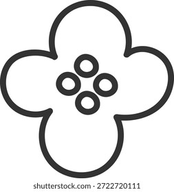 Flor con cuatro pétalos redondeados y cuatro puntos centrales dibujados en líneas limpias, símbolo de la naturaleza, la floración, la armonía y la insignia orgánica para temas de marca y bienestar. Ilustración vectorial de dibujos animados.