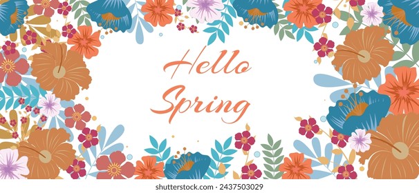 Flower frame. Abstract background of bright spring flowers on a white canvas. Ideal for banner, web page, wall, card, textile, cover. Vector flat illustration.