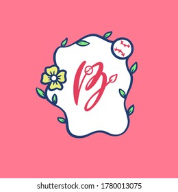Flower frame for baseball, monogram, letter "B". Sports decor, print design for jersey, cards.