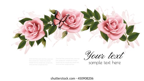 Flower frame with beauty pink roses. Vector.