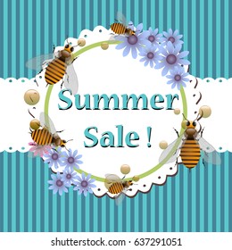 Flower frame with blue flowers and bees. Summer sale concept