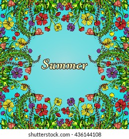 Flower frame, border, card, summer ornament in the style of boho chic, hippie. Abstract multicolored flowers on a blue background. Bright, juicy, warm floral composition. Natural plant floral motif