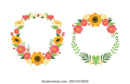Flower Frame Border with Copy Space Set, Floral Wreath Made of Bright Summer Flowers Cartoon Vector Illustration