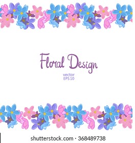 Flower Frame Border Vector on white background. Blue, Pink and Violet  Forget-me-not Illustration and place for text.