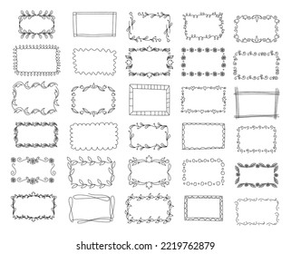Flower frame borders, geometric decorative ornaments. Hand drawn cute floral outline elements, line brush tidy patterns. card decor, banner template. Pencil drawing vector design background