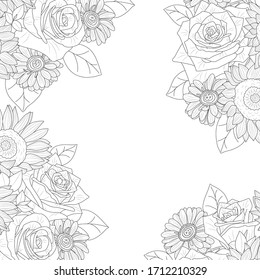 Flower frame. Bouquet of flowers on a light background. Hand-drawn vector illustration.