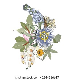 Bouquet dans un cadre de fleurs à l'orchidée, flore passionnée, delfinium, fleurs aux couleurs simples, style isolé sur fond blanc. Modèle de carte d'invitation. Composition carrée. 