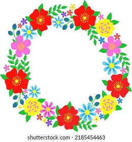 Marco florido con flores brillantes y hojas verdes sobre un fondo blanco. Marco redondo para fotos de bodas, invitaciones, saludos, antecedentes para fechas memorables. Ilustración de material vectorial.