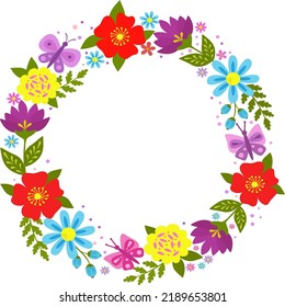 Flower frame with bright flowers and green leaves on a white background. Round frame for wedding photos, invitations, greetings, background for memorable dates. Vector stock illustration.