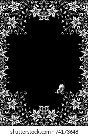 Flower frame with butterfly isolated on black, element for design, vector illustration