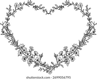 Flower frame from cherry blossom branches, sketch. Vector illustration. Heart-shaped frame made of flowers isolated on a white background. For cards, invitations, holidays, weddings and birthdays
